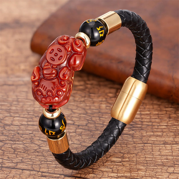 Pulsera de cuero con Buddha Stones , ojo de tigre, ónix negro, ágata roja, moneda de cobre PiXiu, Om Mani Padme Hum - Ágata roja - 18-22 cm - image 10