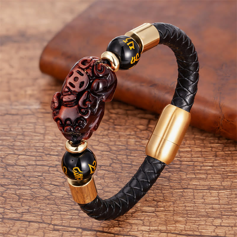 Pulsera de cuero con Buddha Stones , ojo de tigre, ónix negro, ágata roja, moneda de cobre PiXiu, Om Mani Padme Hum - Ojo de tigre rojo - 18-22 cm - image 12