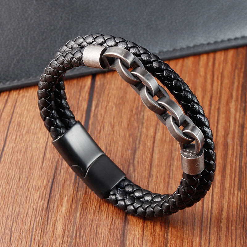 Pulsera de cuero trenzado con hebilla de equilibrio de acero y titanio con diseño de cadena de Buddha Stones
