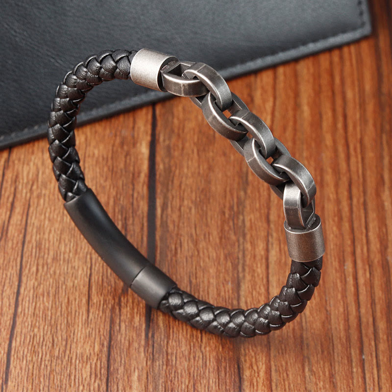 Pulsera de cuero trenzado con hebilla de equilibrio de acero y titanio con diseño de cadena de Buddha Stones