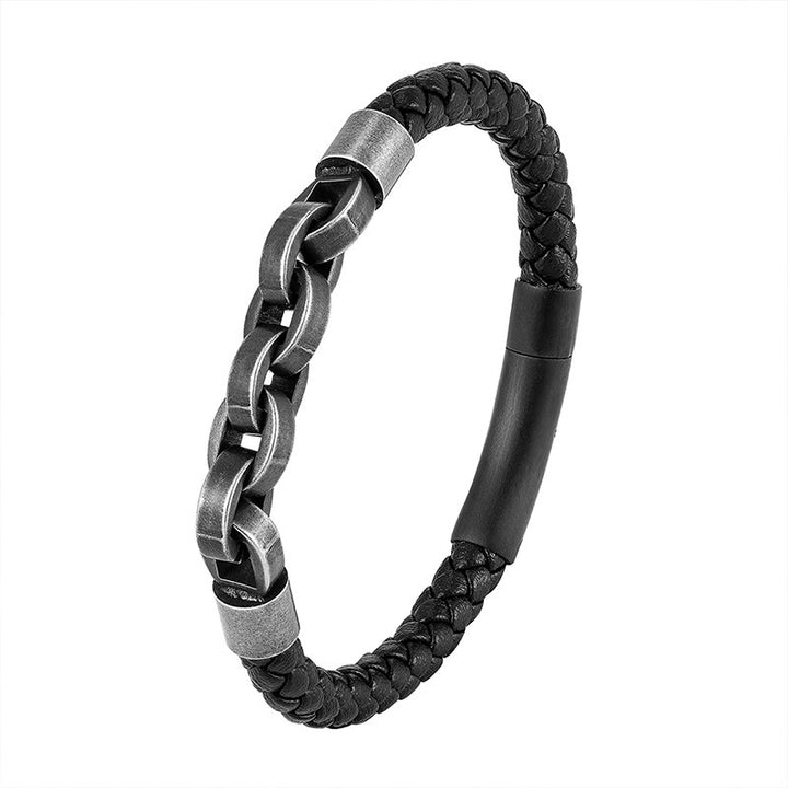 Pulsera de cuero trenzado con hebilla de equilibrio de acero y titanio con diseño de cadena de Buddha Stones