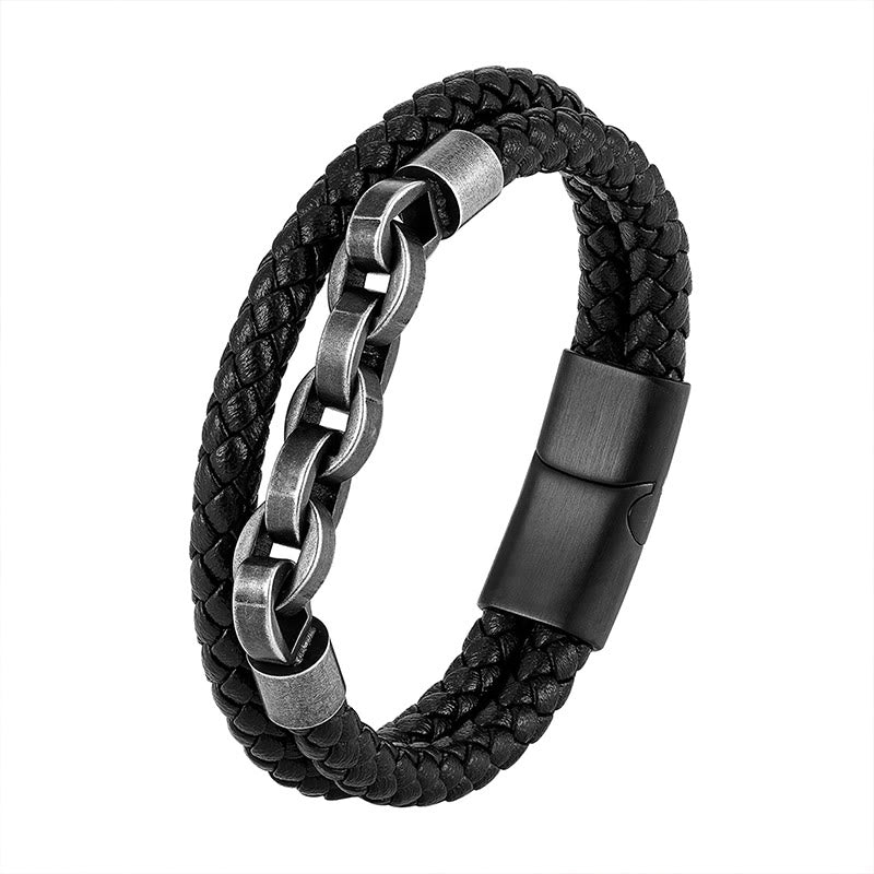 Pulsera de cuero trenzado con hebilla de equilibrio de acero y titanio con diseño de cadena de Buddha Stones