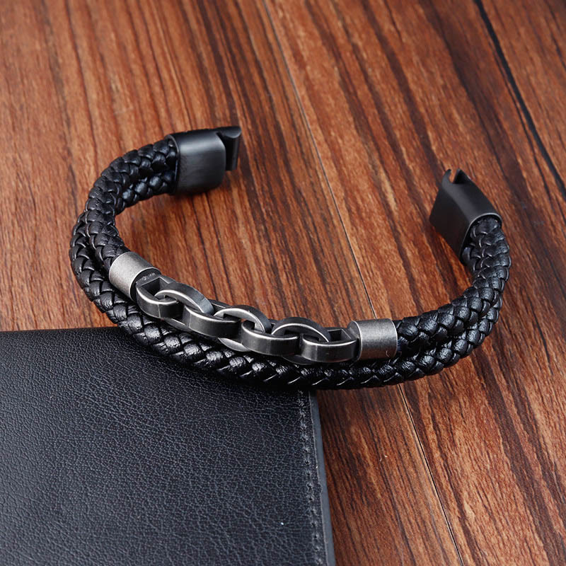 Pulsera de cuero trenzado con hebilla de equilibrio de acero y titanio con diseño de cadena de Buddha Stones