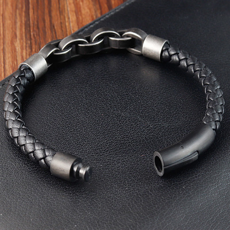 Pulsera de cuero trenzado con hebilla de equilibrio de acero y titanio con diseño de cadena de Buddha Stones