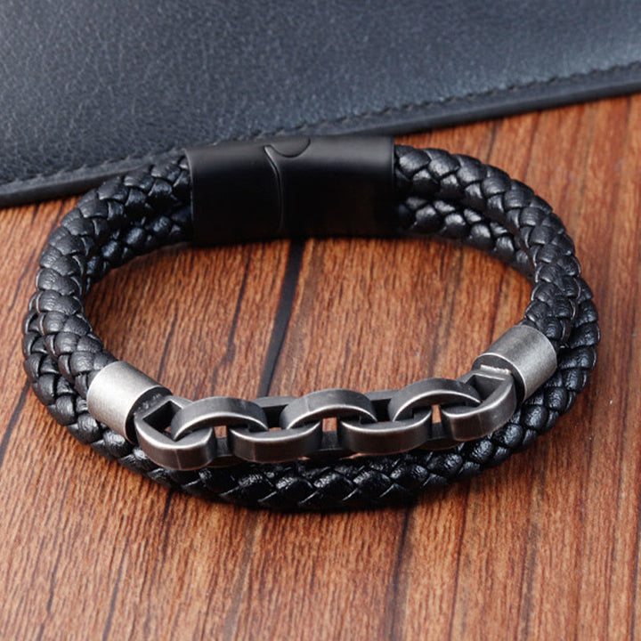 Pulsera de cuero trenzado con hebilla de equilibrio de acero y titanio con diseño de cadena de Buddha Stones