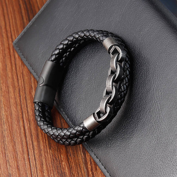 Pulsera de cuero trenzado con hebilla de equilibrio de acero y titanio con diseño de cadena de Buddha Stones