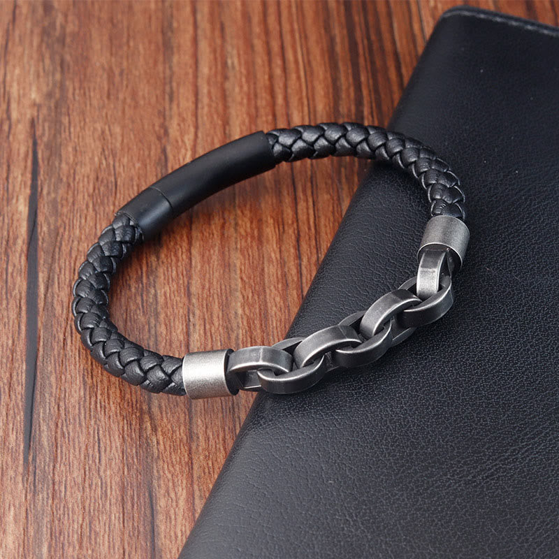 Pulsera de cuero trenzado con hebilla de equilibrio de acero y titanio con diseño de cadena de Buddha Stones