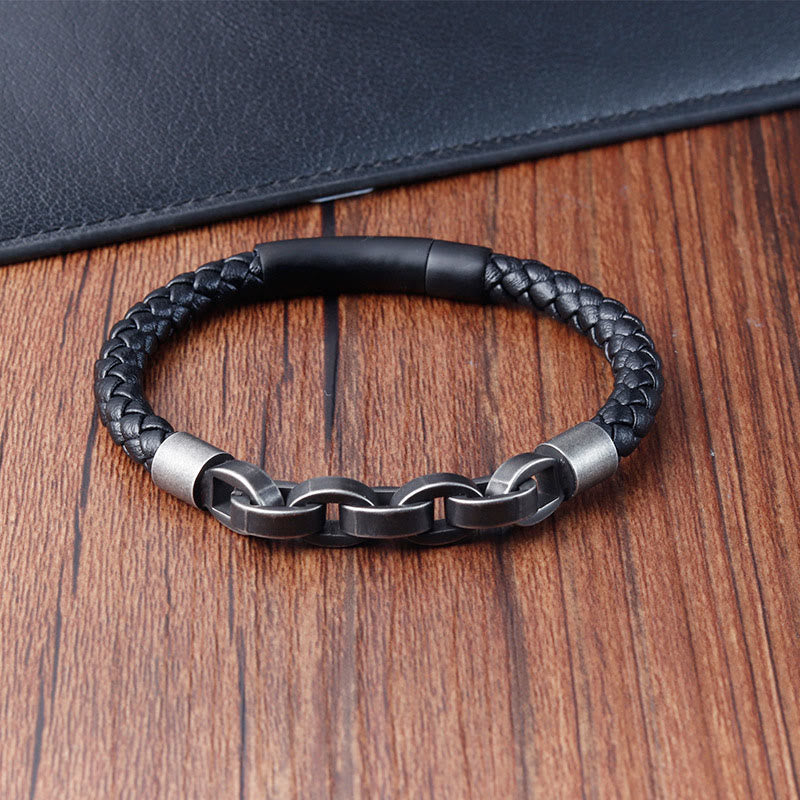 Pulsera de cuero trenzado con hebilla de equilibrio de acero y titanio con diseño de cadena de Buddha Stones