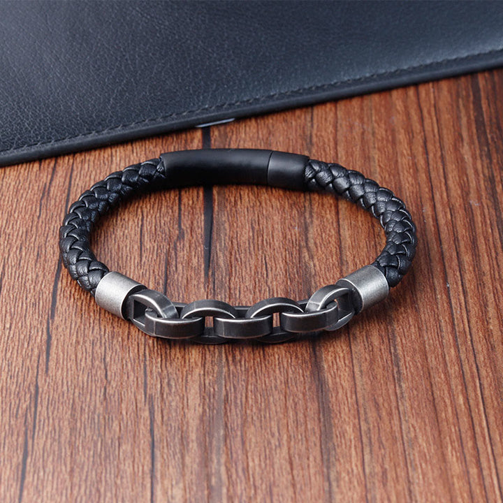 Pulsera de cuero trenzado con hebilla de equilibrio de acero y titanio con diseño de cadena de Buddha Stones