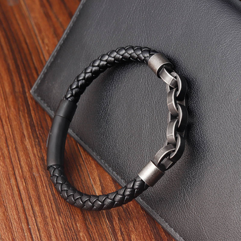 Pulsera de cuero trenzado con hebilla de equilibrio de acero y titanio con diseño de cadena de Buddha Stones