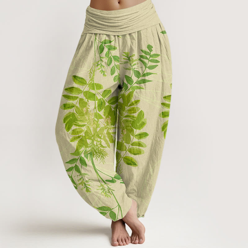 Pantalones bombachos de mujer con cintura elástica, estampado de hojas verdes, ramas y Buddha Stones en algodón. - vara de oro pálida - US22，UK/AU26，EU54 (6XL) - image 0