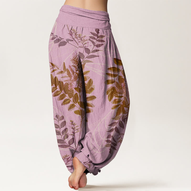 Pantalones bombachos de mujer con cintura elástica, estampado de hojas verdes, ramas y Buddha Stones en algodón. - image 5