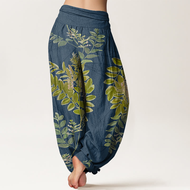Pantalones bombachos de mujer con cintura elástica, estampado de hojas verdes, ramas y Buddha Stones en algodón. - image 8