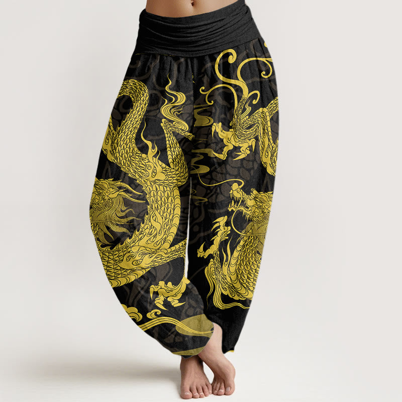 Pantalones harén con cintura elástica para mujer con Buddha Stones, dragón y nubes auspiciosas - Negro - US22，UK/AU26，EU54 (6XL) - image 1
