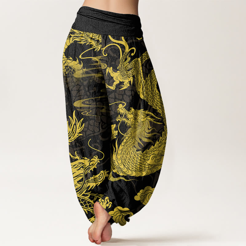 Pantalones bombachos de cintura elástica para mujer con estampado de Buddha Stones, dragón, nubes auspiciosas y algodón. - image 1