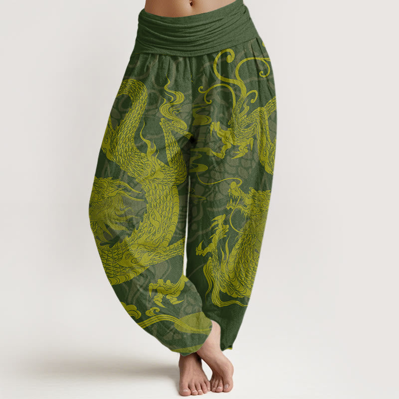 Pantalones bombachos de cintura elástica para mujer con estampado de Buddha Stones, dragón, nubes auspiciosas y algodón. - Verde oliva oscuro - US22，UK/AU26，EU54 (6XL) - image 4
