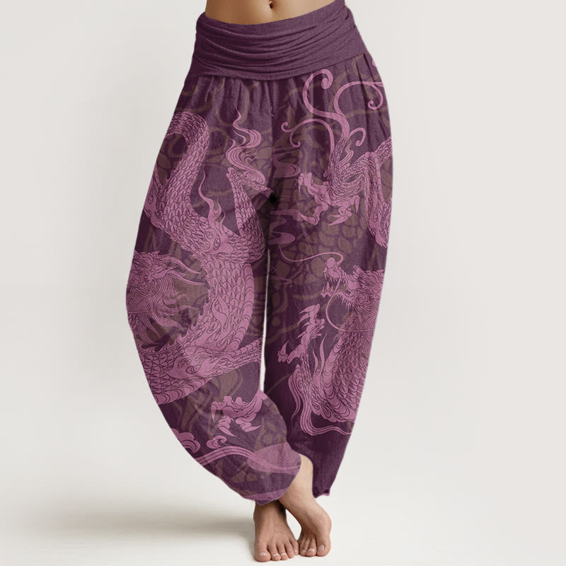 Pantalones bombachos de cintura elástica para mujer con estampado de Buddha Stones, dragón, nubes auspiciosas y algodón. - Púrpura - US22，UK/AU26，EU54 (6XL) - image 7
