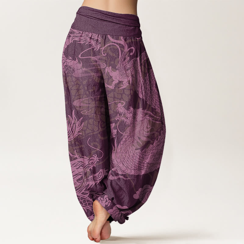 Pantalones harén con cintura elástica para mujer con Buddha Stones, dragón y nubes auspiciosas - image 9