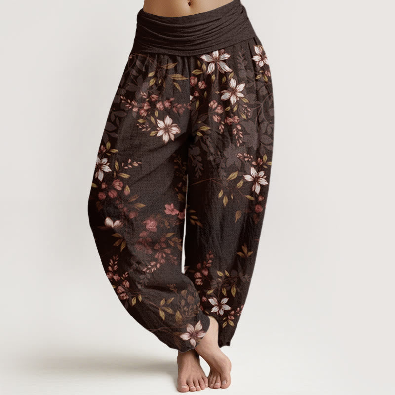 Pantalones bombachos de mujer con cintura elástica, estampado de pequeñas flores blancas y hojas verdes en algodón con Buddha Stones - Marrón silla de montar - US22，UK/AU26，EU54 (6XL) - image 7