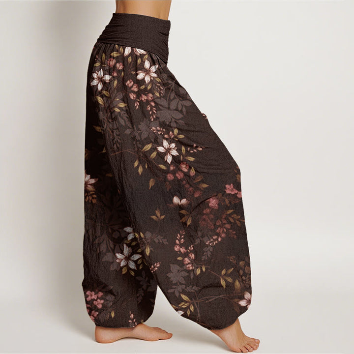Pantalones bombachos de mujer con cintura elástica, estampado de pequeñas flores blancas y hojas verdes en algodón con Buddha Stones - image 9
