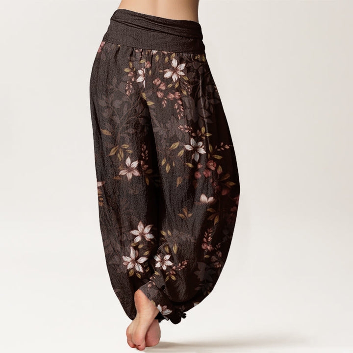 Pantalones bombachos de mujer con cintura elástica, estampado de pequeñas flores blancas y hojas verdes en algodón con Buddha Stones - image 8