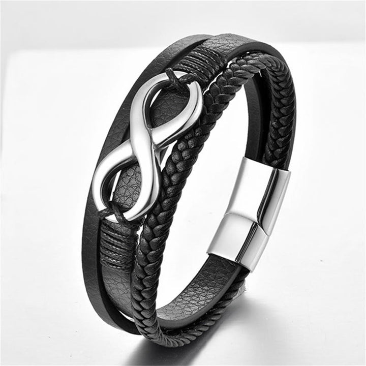 Pulsera con hebilla de cuero y titanio con símbolo de infinito y nudo eterno con Buddha Stones