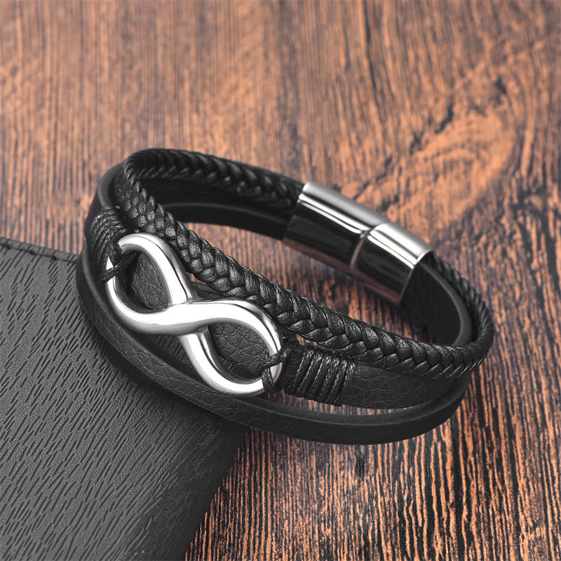 Pulsera con hebilla de cuero y titanio con símbolo de infinito y nudo eterno con Buddha Stones
