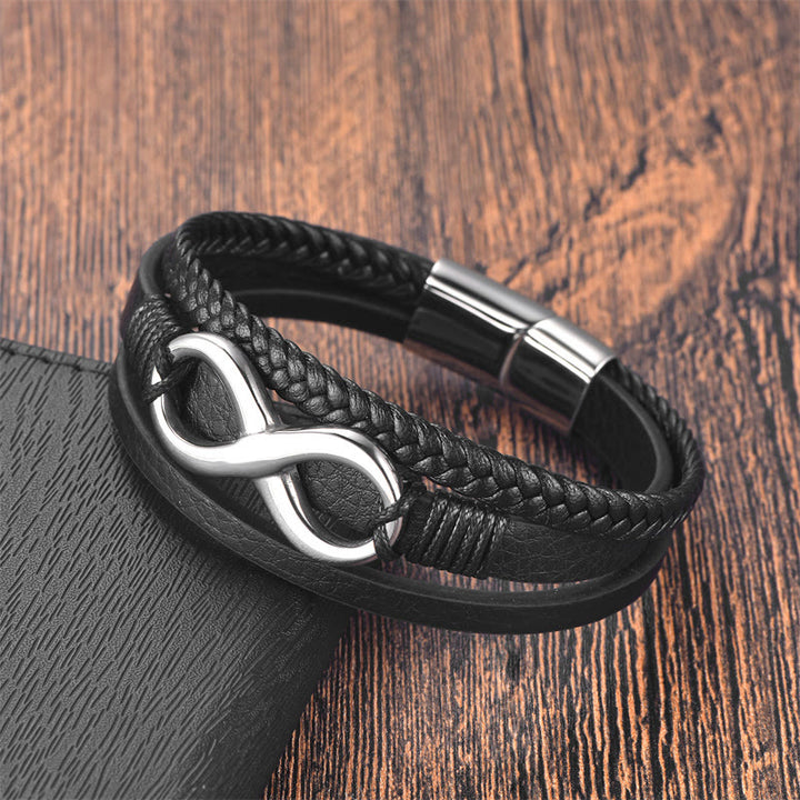 Pulsera con hebilla de cuero y titanio con símbolo de infinito y nudo eterno con Buddha Stones