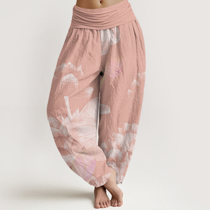 Pantalones harén con cintura elástica para mujer con diseño de loto blanco y rosa y Buddha Stones - Salmón oscuro - US22，UK/AU26，EU54 (6XL) - image 1