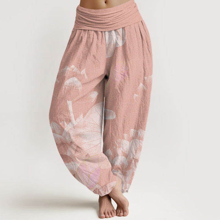 Pantalones harén con cintura elástica para mujer con diseño de loto blanco y rosa y Buddha Stones - Salmón oscuro - US22，UK/AU26，EU54 (6XL) - image 1