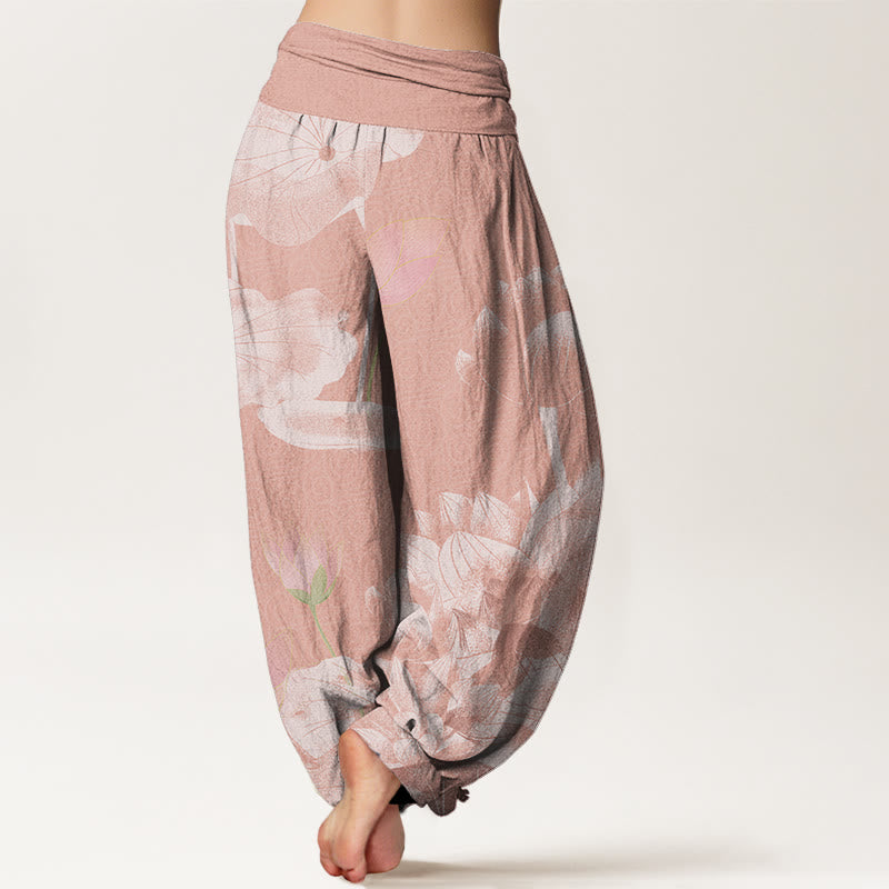 Pantalones harén con cintura elástica para mujer con diseño de loto blanco y rosa y Buddha Stones - image 2