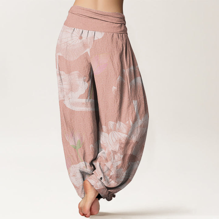Pantalones harén con cintura elástica para mujer con diseño de loto blanco y rosa y Buddha Stones - image 2