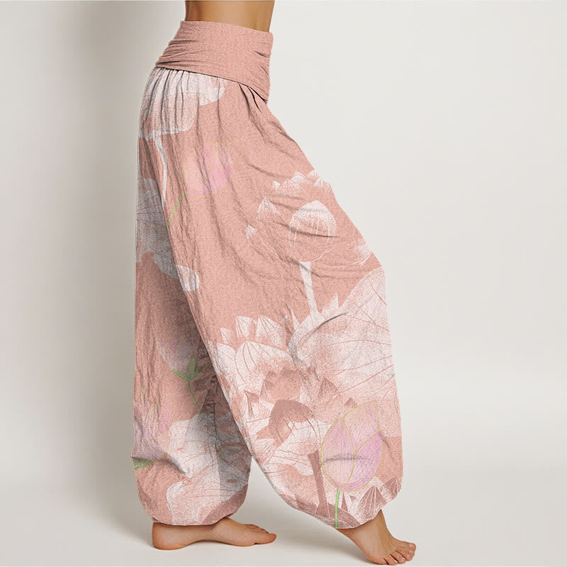 Pantalones harén con cintura elástica para mujer con diseño de loto blanco y rosa y Buddha Stones - image 3