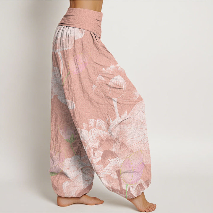 Pantalones harén con cintura elástica para mujer con diseño de loto blanco y rosa y Buddha Stones - image 3