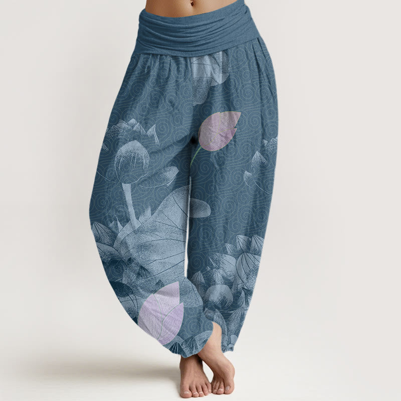 Pantalones harén con cintura elástica para mujer con diseño de loto blanco y rosa y Buddha Stones - Azul acero - US22，UK/AU26，EU54 (6XL) - image 5