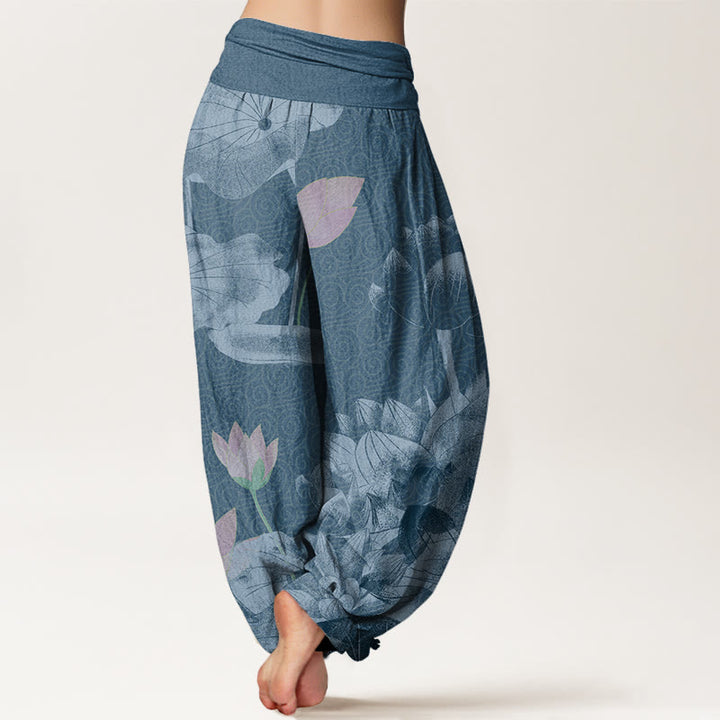 Pantalones harén con cintura elástica para mujer con diseño de loto blanco y rosa y Buddha Stones - image 6