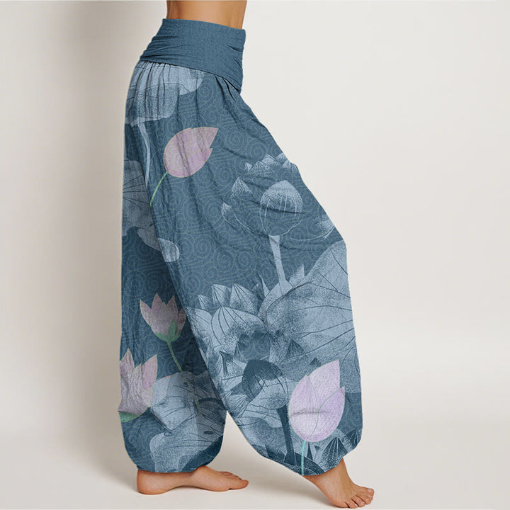 Pantalones harén con cintura elástica para mujer con diseño de loto blanco y rosa y Buddha Stones - image 7