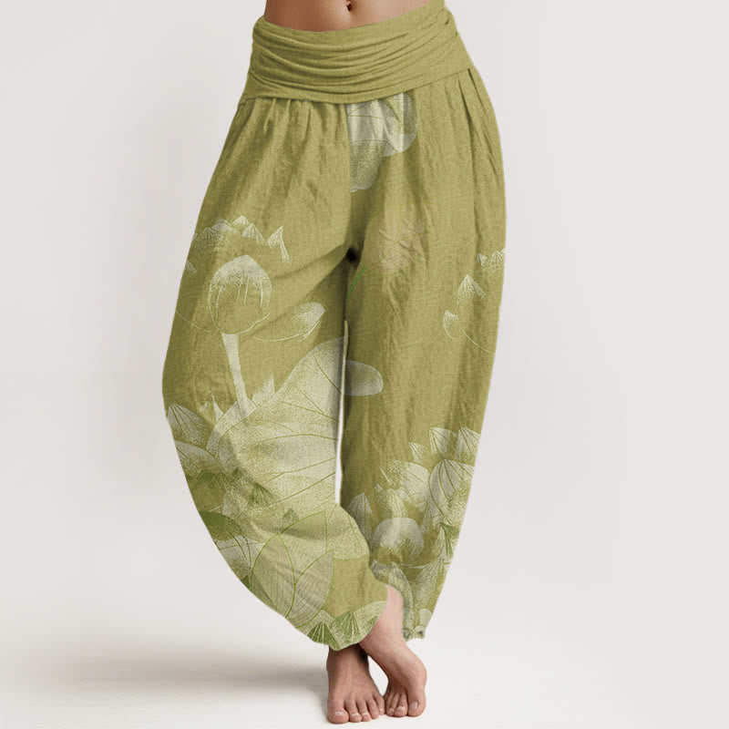 Pantalones harén con cintura elástica para mujer con diseño de loto blanco y rosa y Buddha Stones - Caqui oscuro - US22，UK/AU26，EU54 (6XL) - image 8