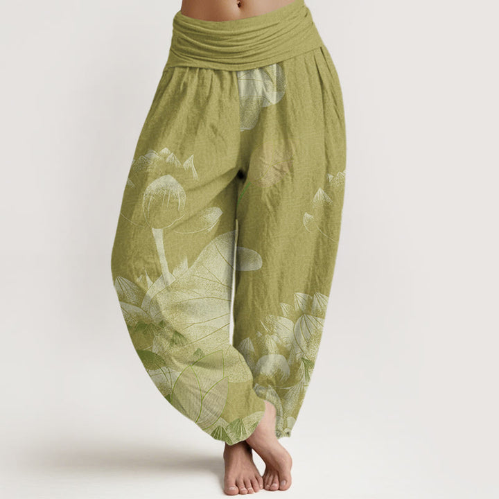 Pantalones harén con cintura elástica para mujer con diseño de loto blanco y rosa y Buddha Stones - Caqui oscuro - US22，UK/AU26，EU54 (6XL) - image 8