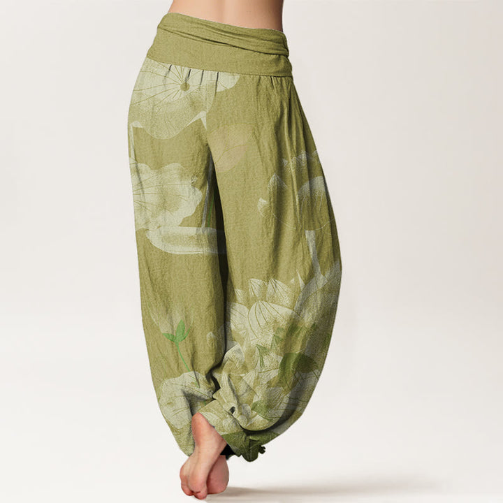 Pantalones harén con cintura elástica para mujer con diseño de loto blanco y rosa y Buddha Stones - image 9