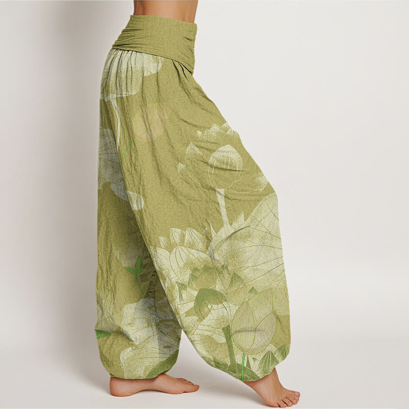 Pantalones harén con cintura elástica para mujer con diseño de loto blanco y rosa y Buddha Stones - image 10
