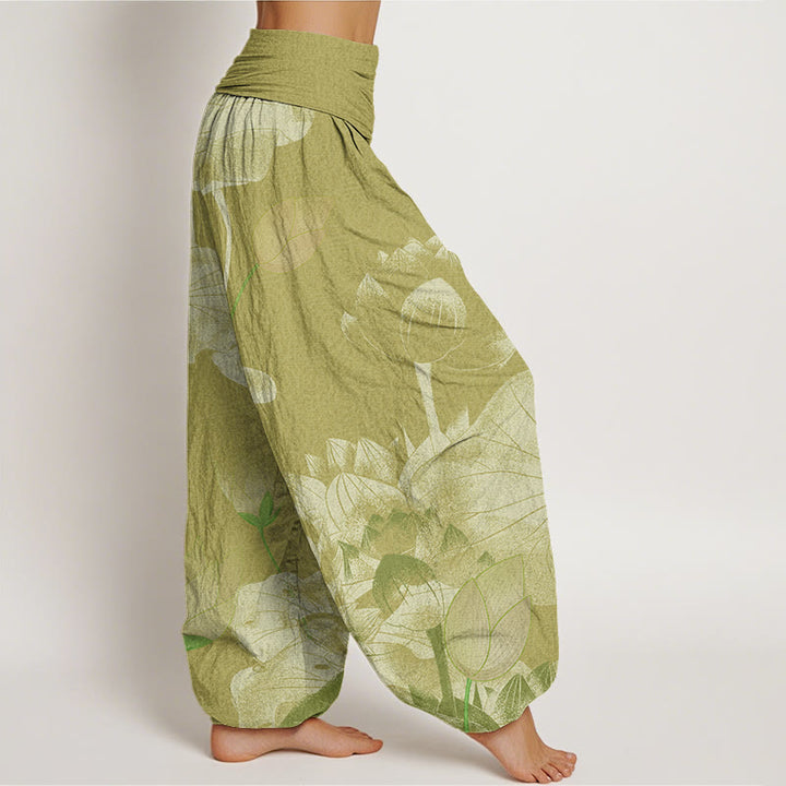 Pantalones harén con cintura elástica para mujer con diseño de loto blanco y rosa y Buddha Stones - image 10