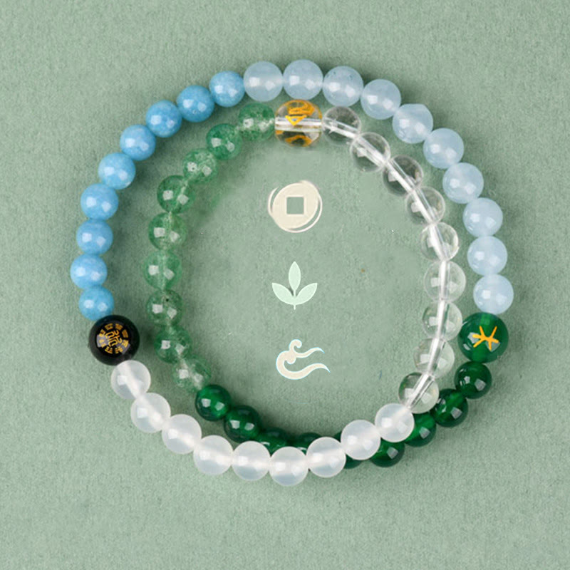 Pulsera de la sabiduría de cuarzo fresa y ágata de cristal con cinco elementos y Buddha Stones