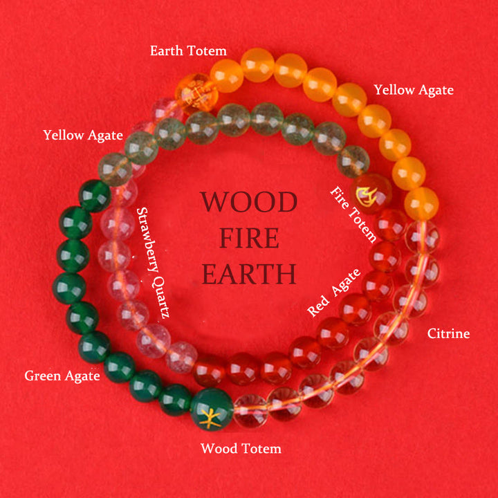 Pulsera de la sabiduría de cuarzo fresa y ágata de cristal con cinco elementos y Buddha Stones