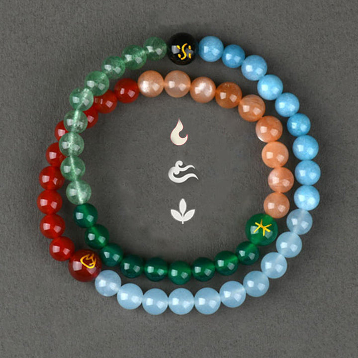Pulsera de la sabiduría de cuarzo fresa y ágata de cristal con cinco elementos y Buddha Stones