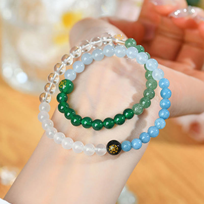 Pulsera de la sabiduría de cuarzo fresa y ágata de cristal con cinco elementos y Buddha Stones