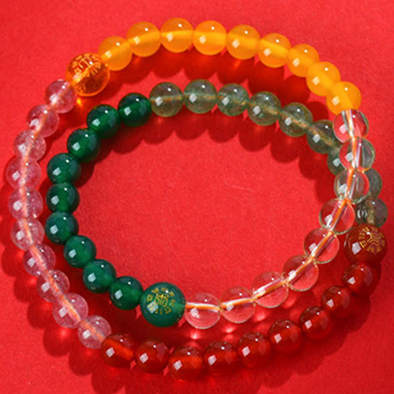 Pulsera de la sabiduría de cuarzo fresa y ágata de cristal con cinco elementos y Buddha Stones