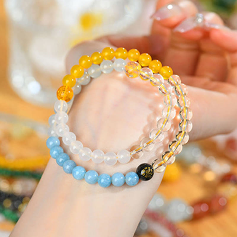 Pulsera de la sabiduría de cuarzo fresa y ágata de cristal con cinco elementos y Buddha Stones