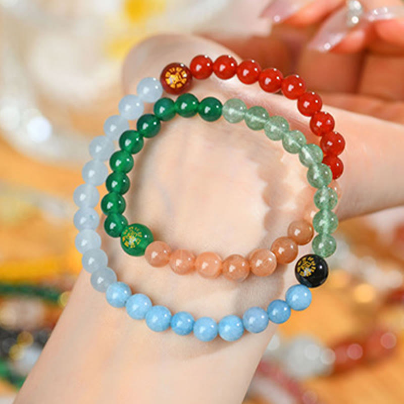 Pulsera de la sabiduría de cuarzo fresa y ágata de cristal con cinco elementos y Buddha Stones
