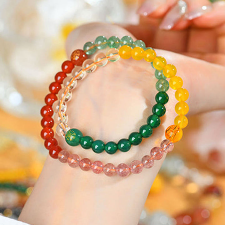 Pulsera de la sabiduría de cuarzo fresa y ágata de cristal con cinco elementos y Buddha Stones